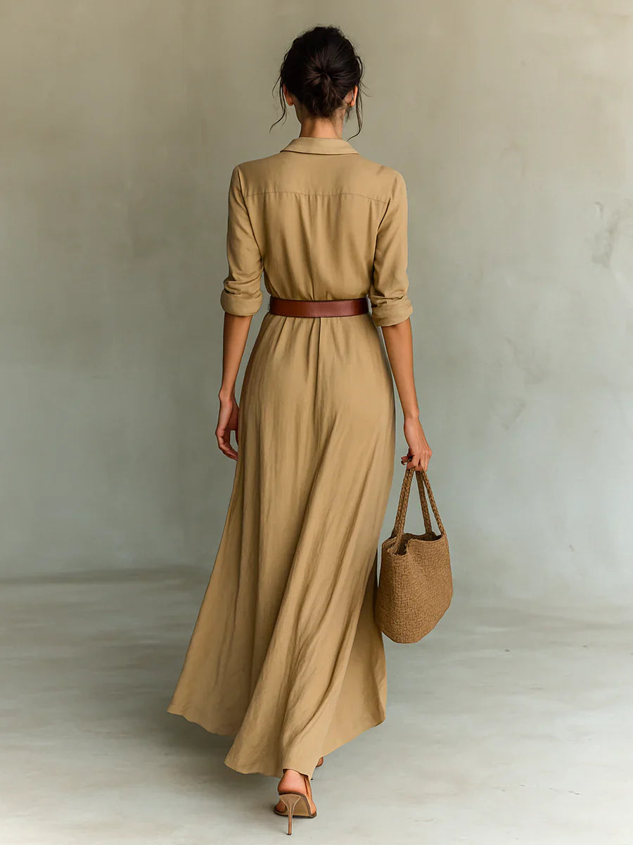 Boho V-Neck Button Maxi Dress with Long Sleeves – Relaxed & Effortless