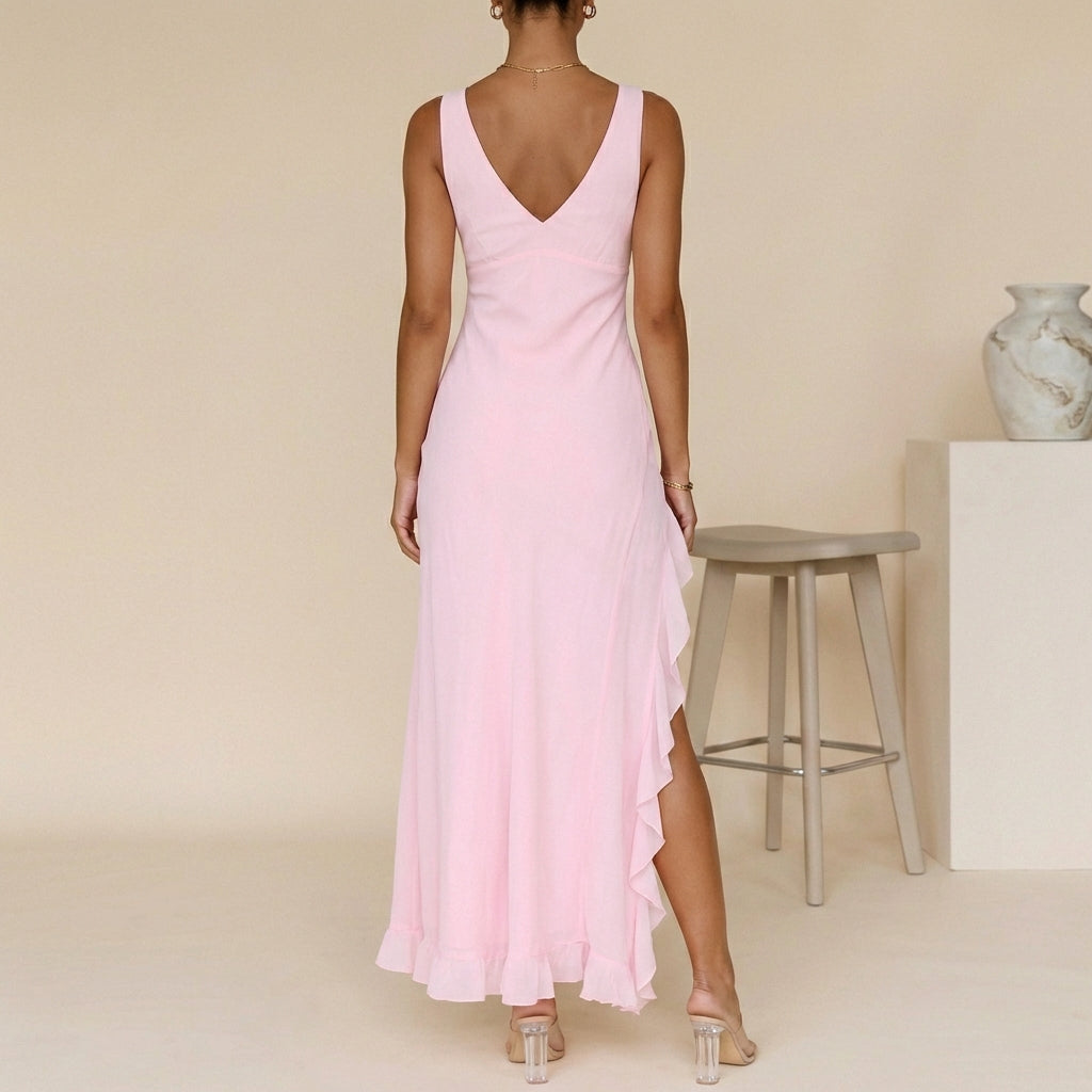Elegant V-Neck High-Low Maxi Dress – Flowy & Gracefully Feminine