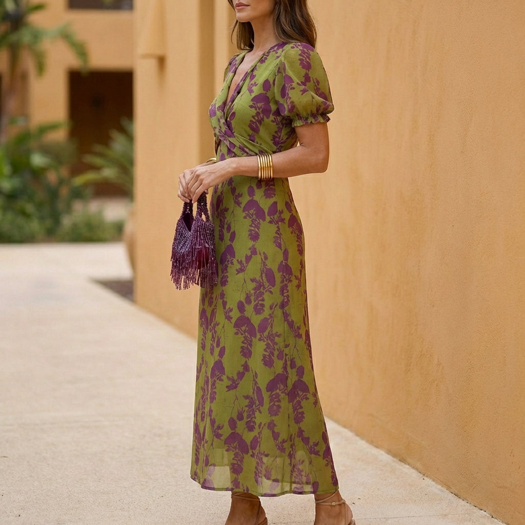 Leaf Print Pleated Midi Dress for Women – Flattering Daytime Style