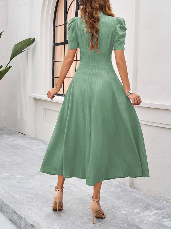 Dress woman midi – V-neck – Puff sleeves – Ruched waist – A-line fit
