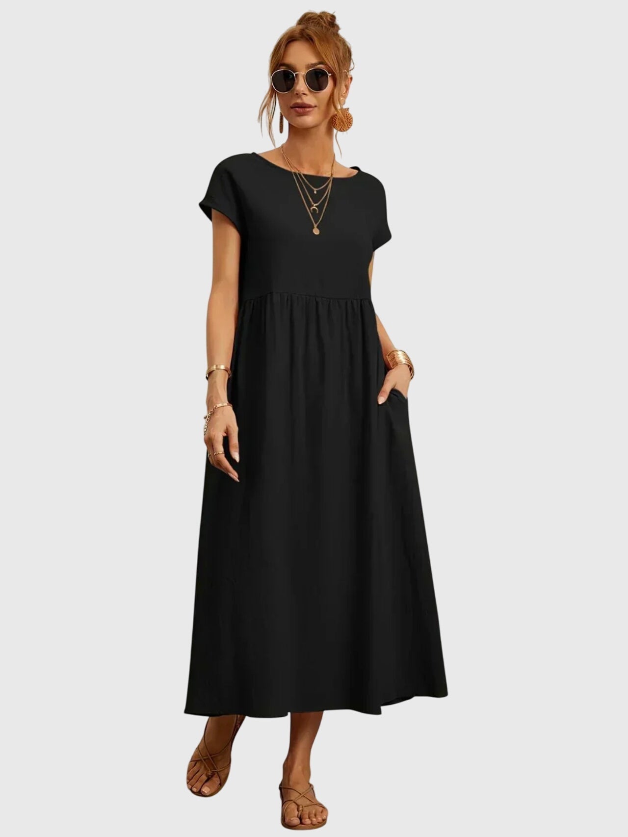 Boat Neck Short Sleeve Maxi Dress for Women – Relaxed Fit & Pockets