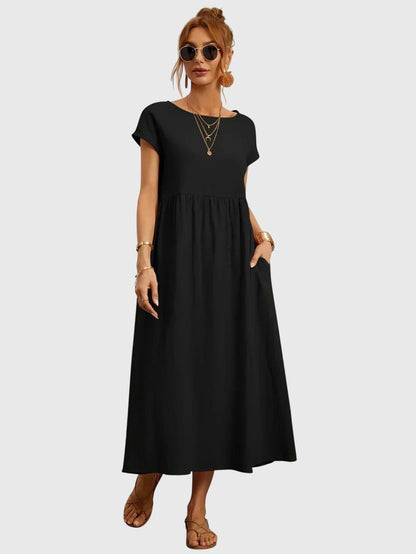 Boat Neck Short Sleeve Maxi Dress for Women – Relaxed Fit & Pockets