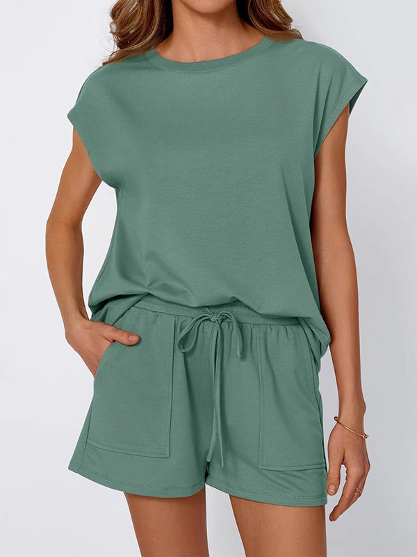 Dropped Shoulder T-Shirt & Drawstring Shorts Set for Women – Effortless Comfort & Style