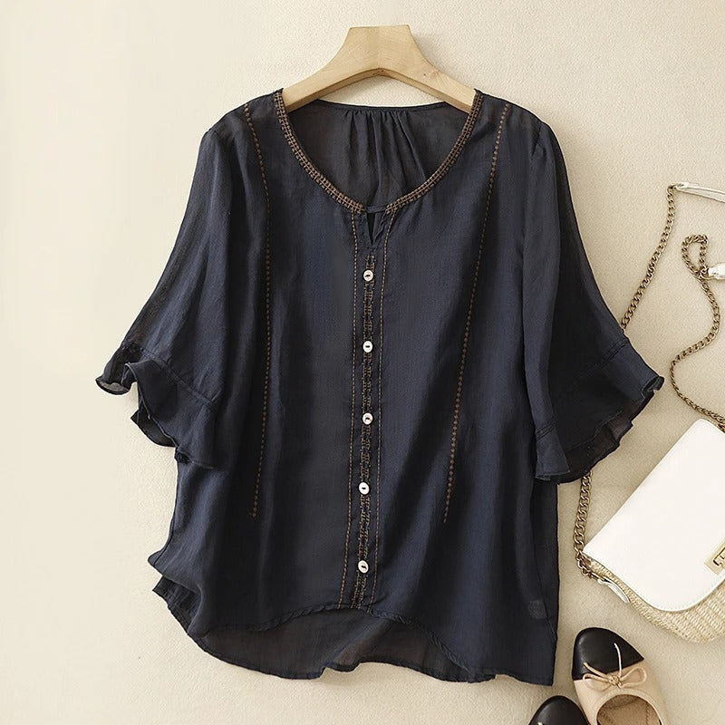 Embroidered Ruffle Sleeve Blouse for Women – Breathable Comfort & Style
