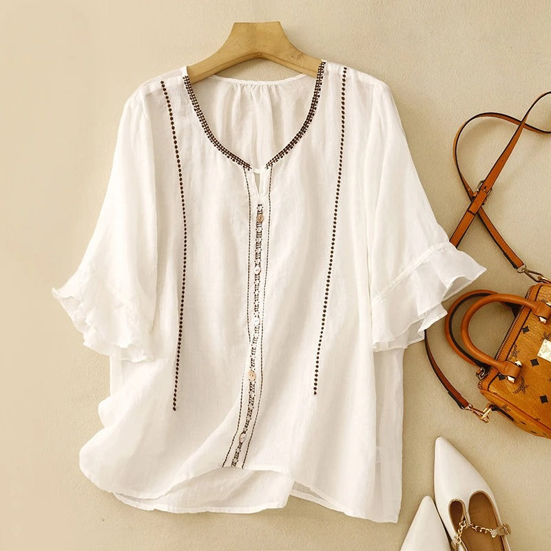 Embroidered Ruffle Sleeve Blouse for Women – Breathable Comfort & Style