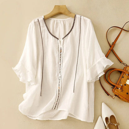 Embroidered Ruffle Sleeve Blouse for Women – Breathable Comfort & Style