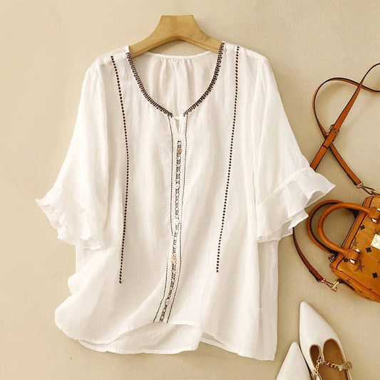 Embroidered Ruffle Sleeve Blouse for Women – Breathable Comfort & Style