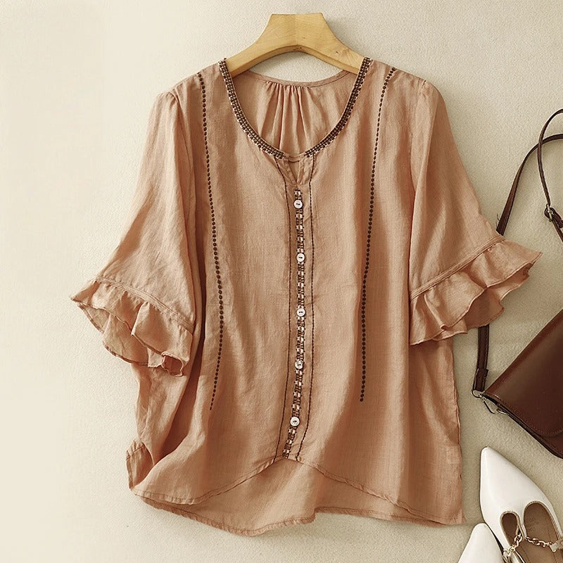Embroidered Ruffle Sleeve Blouse for Women – Breathable Comfort & Style