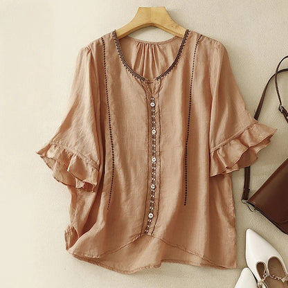 Embroidered Ruffle Sleeve Blouse for Women – Breathable Comfort & Style
