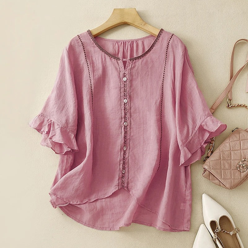 Embroidered Ruffle Sleeve Blouse for Women – Breathable Comfort & Style