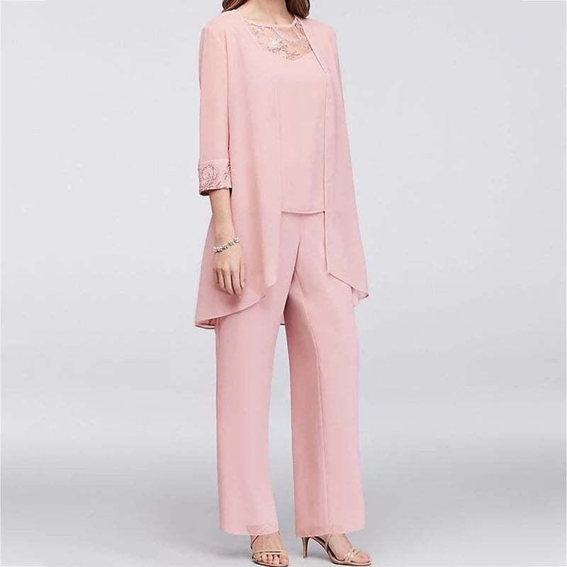 Women's Three-Piece Pantsuit – Elegant Jacket with Embroidered Cuffs – Wide Pants – Party Outfit