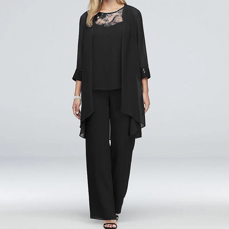 Women's Three-Piece Pantsuit – Elegant Jacket with Embroidered Cuffs – Wide Pants – Party Outfit