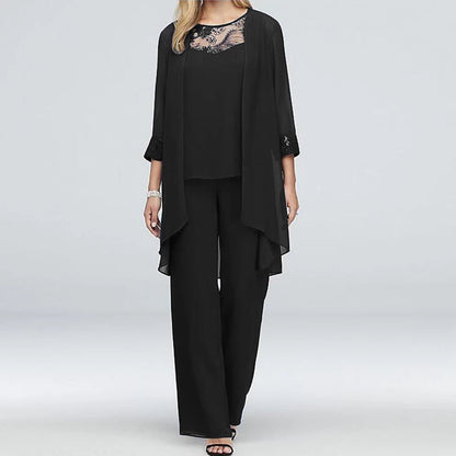Women's Three-Piece Pantsuit – Elegant Jacket with Embroidered Cuffs – Wide Pants – Party Outfit
