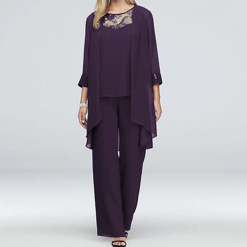 Women's Three-Piece Pantsuit – Elegant Jacket with Embroidered Cuffs – Wide Pants – Party Outfit