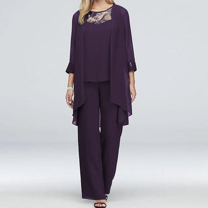 Women's Three-Piece Pantsuit – Elegant Jacket with Embroidered Cuffs – Wide Pants – Party Outfit