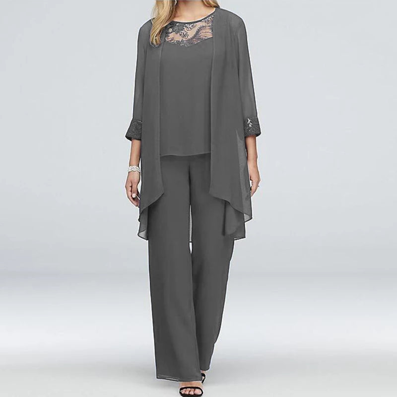 Women's Three-Piece Pantsuit – Elegant Jacket with Embroidered Cuffs – Wide Pants – Party Outfit