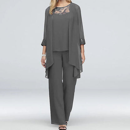 Women's Three-Piece Pantsuit – Elegant Jacket with Embroidered Cuffs – Wide Pants – Party Outfit