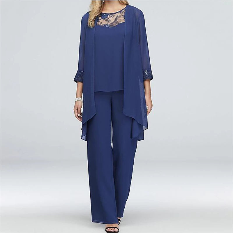 Women's Three-Piece Pantsuit – Elegant Jacket with Embroidered Cuffs – Wide Pants – Party Outfit