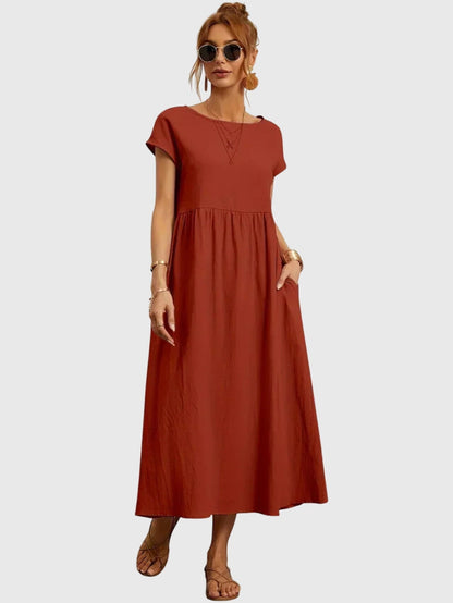 Boat Neck Short Sleeve Maxi Dress for Women – Relaxed Fit & Pockets