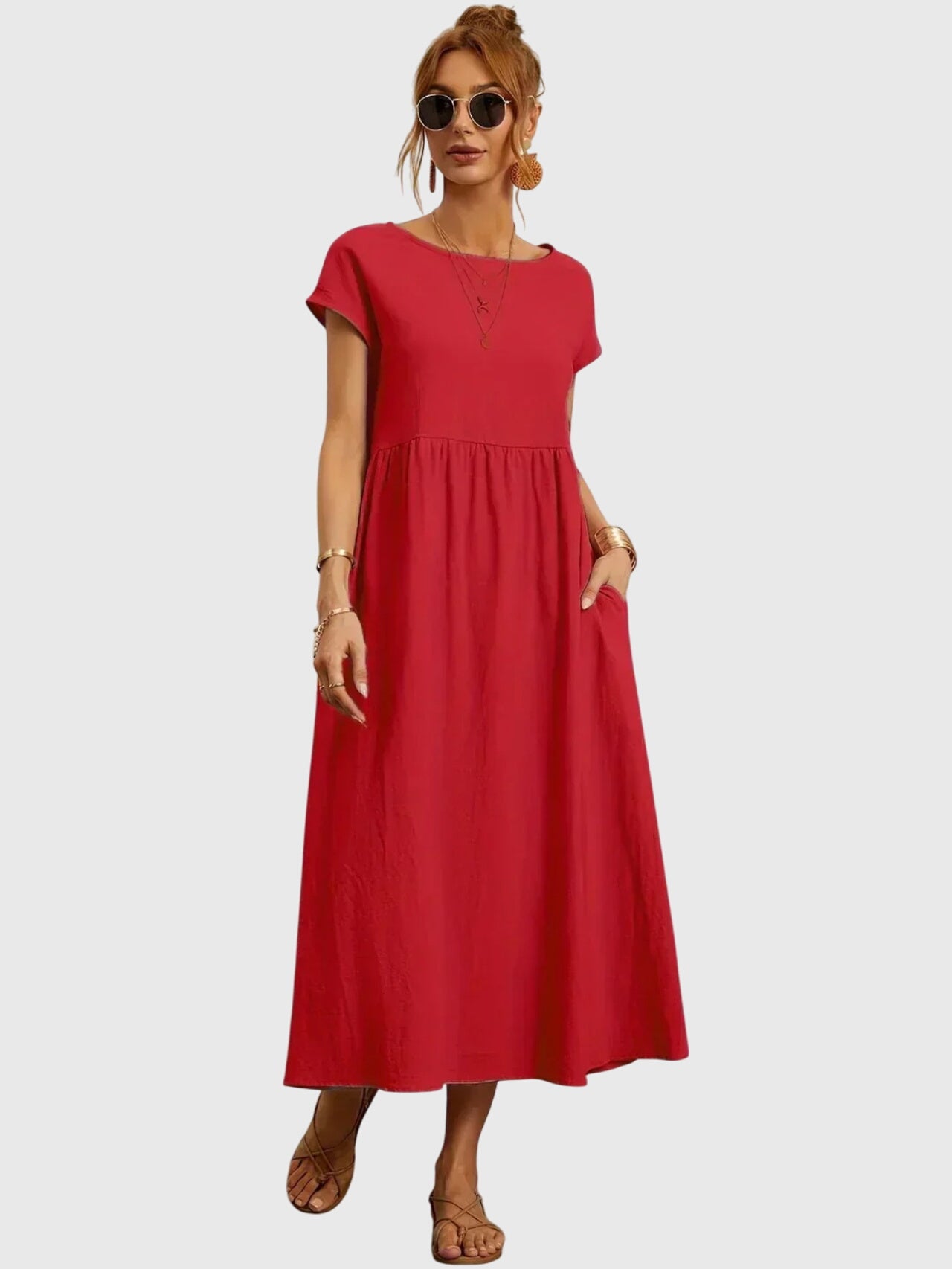 Boat Neck Short Sleeve Maxi Dress for Women – Relaxed Fit & Pockets