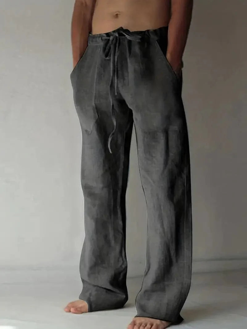 Men's Loose-Fit Pants - Cotton/Linen - Elastic Waist with Drawstring - Casual Comfort