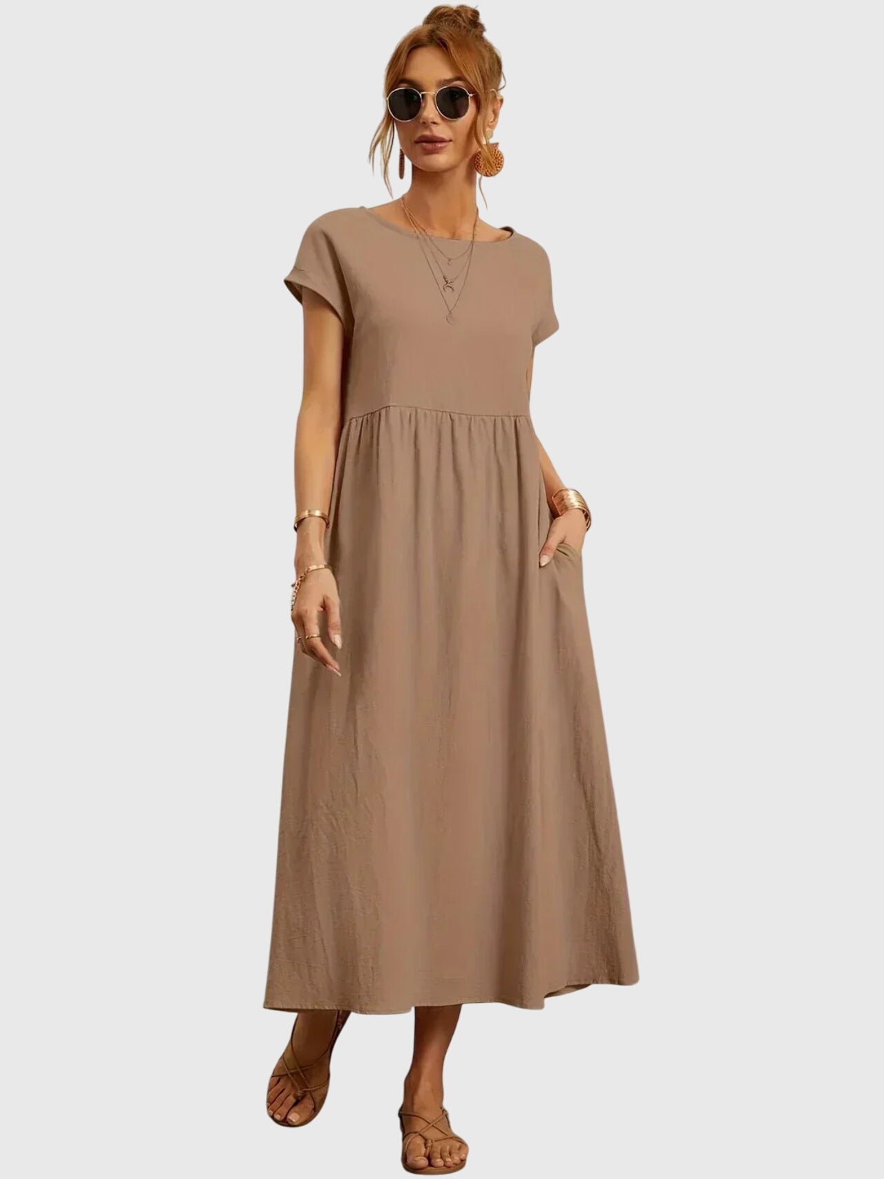Boat Neck Short Sleeve Maxi Dress for Women – Relaxed Fit & Pockets
