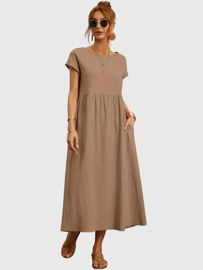 Boat Neck Short Sleeve Maxi Dress for Women – Relaxed Fit & Pockets