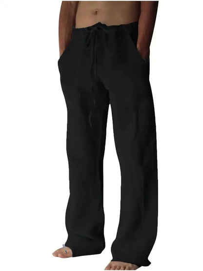Men's Loose-Fit Pants - Cotton/Linen - Elastic Waist with Drawstring - Casual Comfort