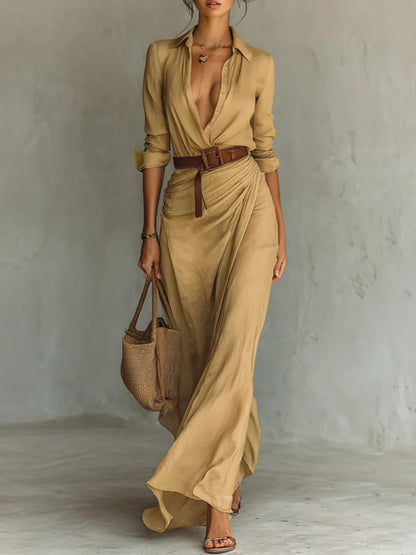 Boho V-Neck Button Maxi Dress with Long Sleeves – Relaxed & Effortless