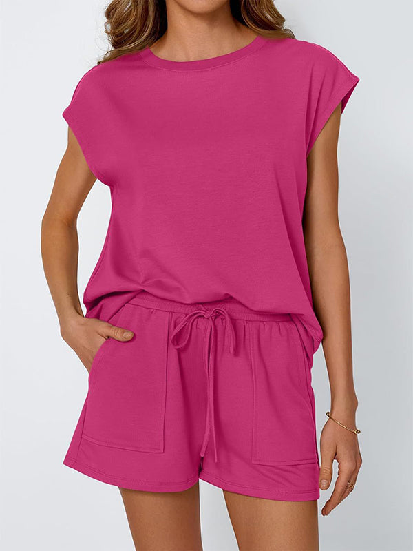 Dropped Shoulder T-Shirt & Drawstring Shorts Set for Women – Effortless Comfort & Style