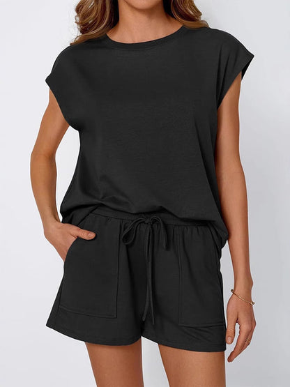 Dropped Shoulder T-Shirt & Drawstring Shorts Set for Women – Effortless Comfort & Style