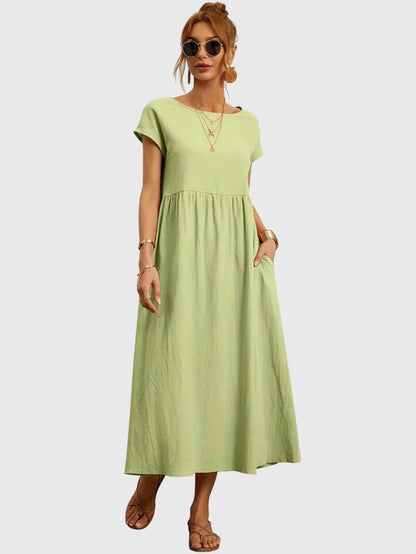 Boat Neck Short Sleeve Maxi Dress for Women – Relaxed Fit & Pockets
