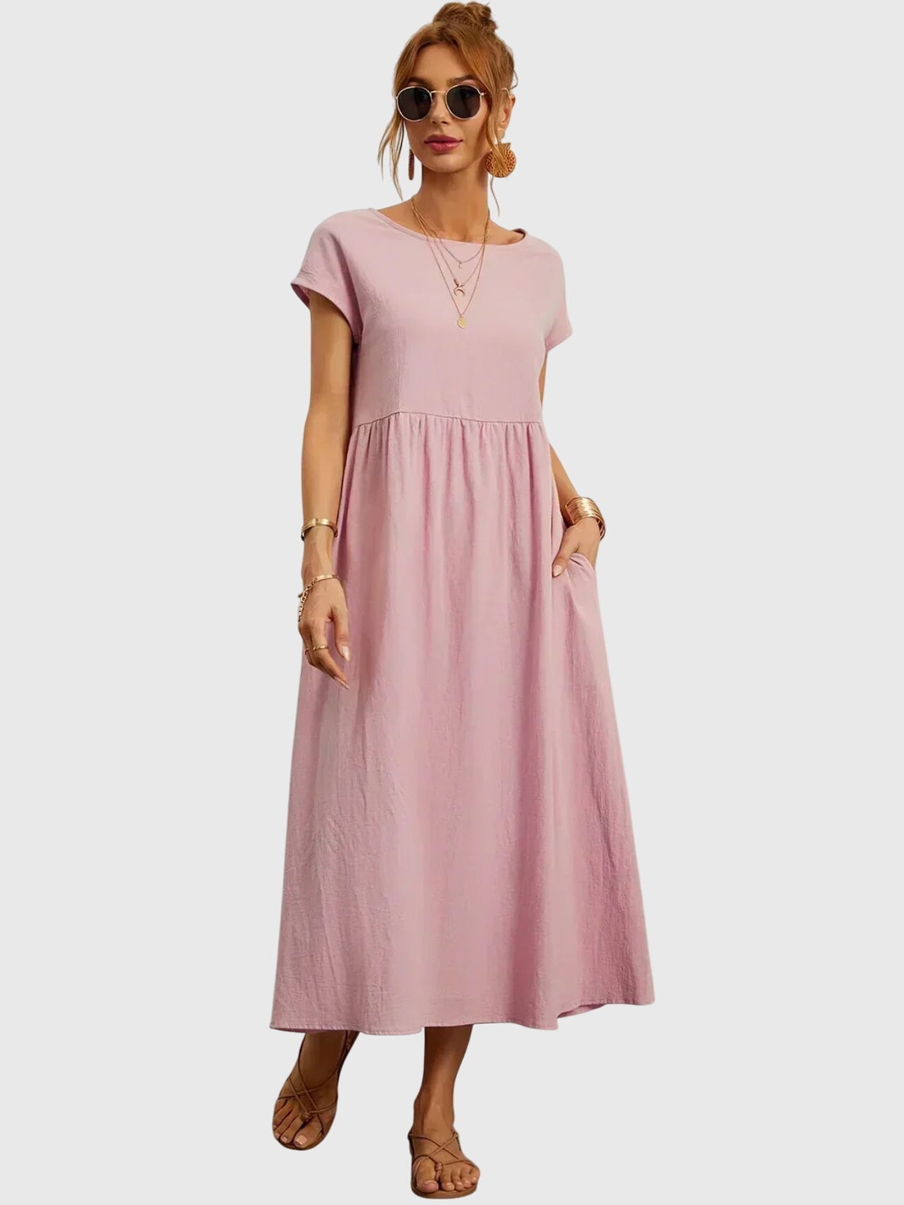 Boat Neck Short Sleeve Maxi Dress for Women – Relaxed Fit & Pockets