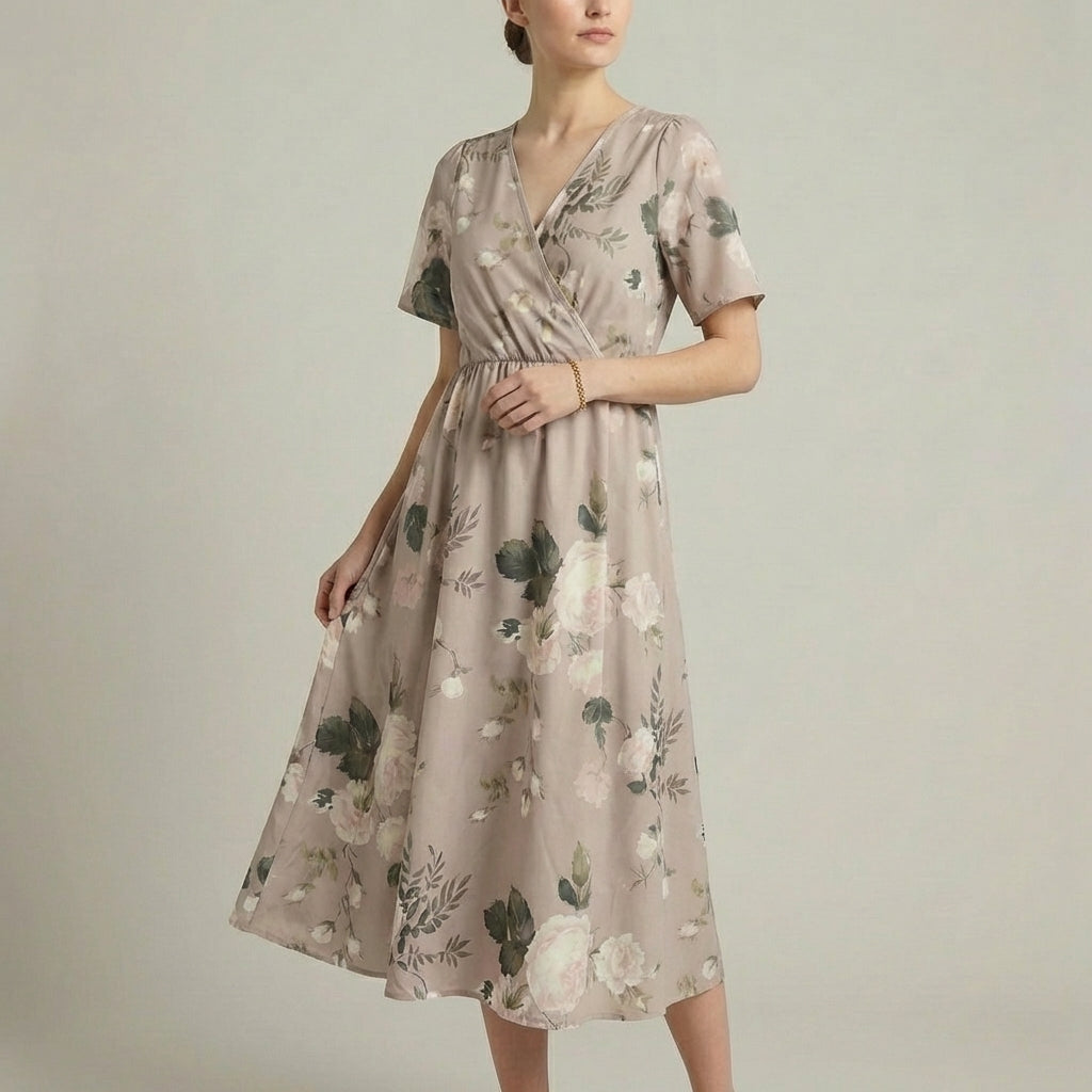 Floral Wrap Midi Dress for Women – Tie-Back A-Line Silhouette