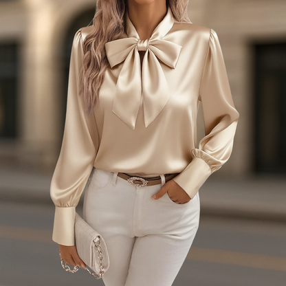 Bow Neck Puff Sleeve Blouse for Women – Polished Business Casual