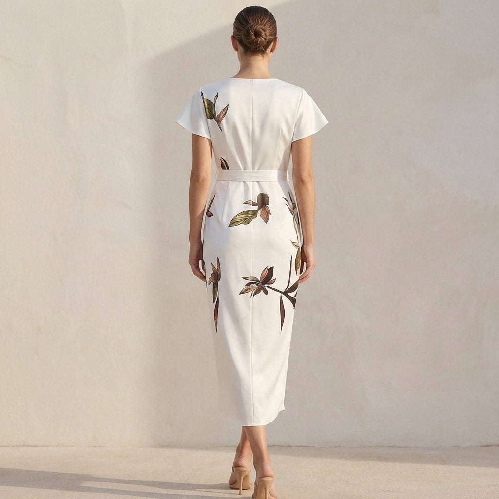 Leaf Print Belted Wrap Dress for Women – Elegant & Flattering Fit