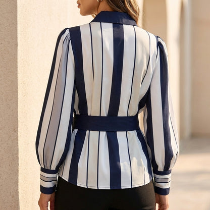 Striped Puff Sleeve Button-Front Shirt for Women – Polished Smart Casual Style