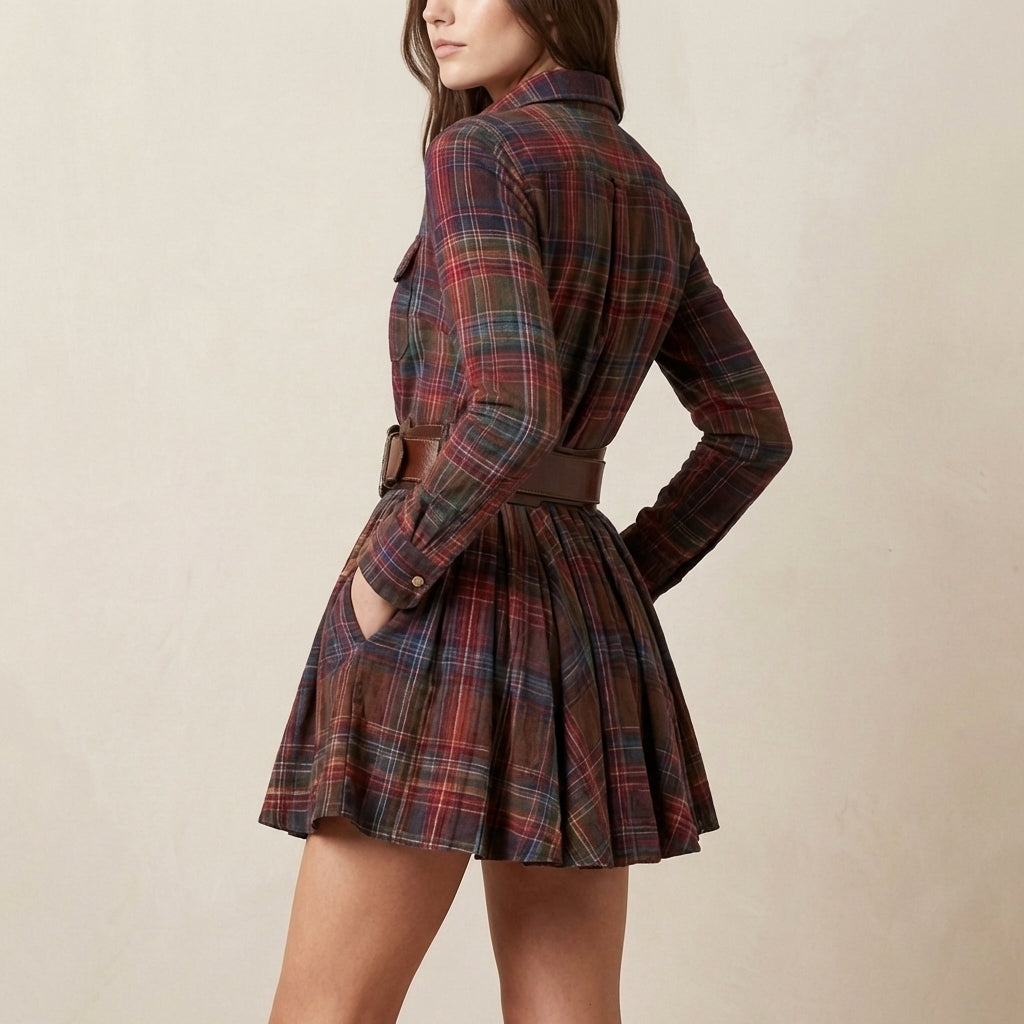 Belted Plaid Mini Shirt Dress for Women – Flattering Fit & Versatile