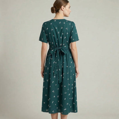 Floral Wrap Midi Dress for Women – Tie-Back A-Line Silhouette