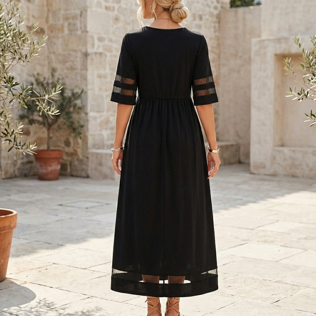 Sheer-Panel A-Line Midi Dress for Women – Elegant Semi-Formal Style