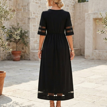 Sheer-Panel A-Line Midi Dress for Women – Elegant Semi-Formal Style