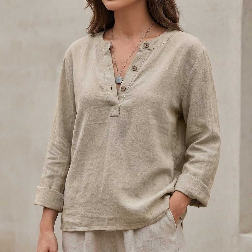 V-Neck Long Sleeve Henley Shirt for Women – Breathable Comfort & Style