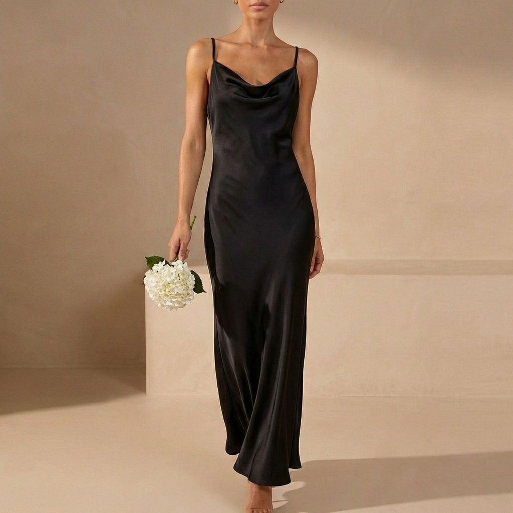 Spaghetti Strap Cowl Neck Maxi Dress for Women – Elegant Evening Style