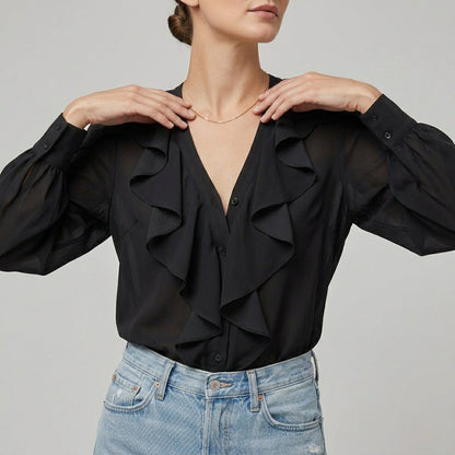 Ruffled V-Neck Blouse for Women – Versatile Style & Comfortable Fit