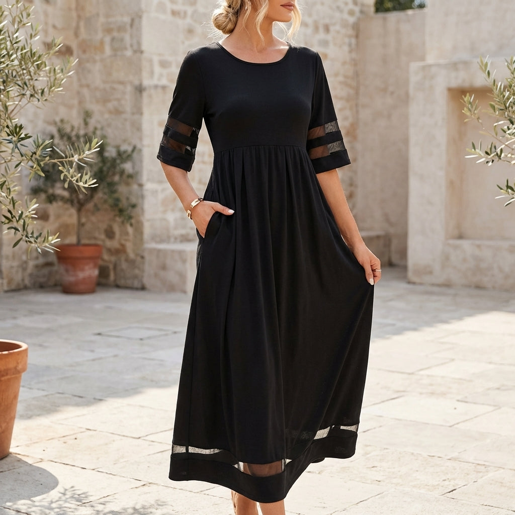 Sheer-Panel A-Line Midi Dress for Women – Elegant Semi-Formal Style