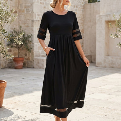 Sheer-Panel A-Line Midi Dress for Women – Elegant Semi-Formal Style