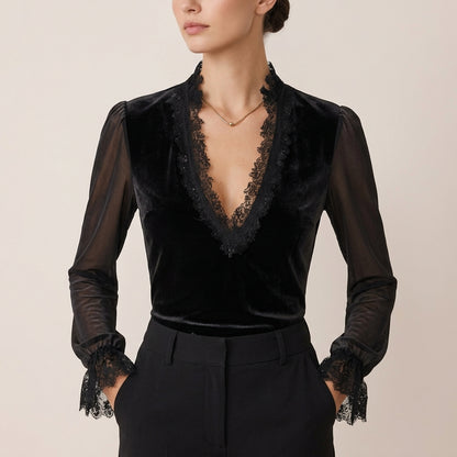 Lace-Trim Puff Sleeve Blouse for Women – Elegant & Party-Ready