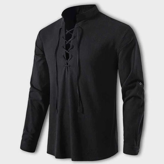 Men's Shirt – Long Sleeve with Lace Details – Mandarin Collar – Relaxed Fit