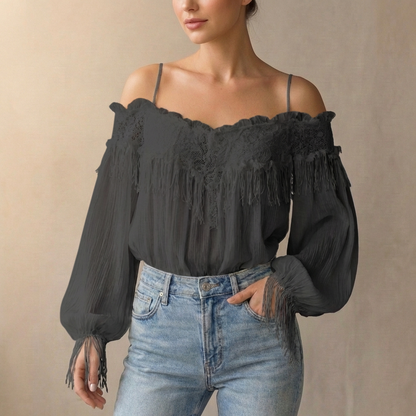Cold-Shoulder Lace-Trim Blouse for Women – Relaxed Comfort & Feminine Style