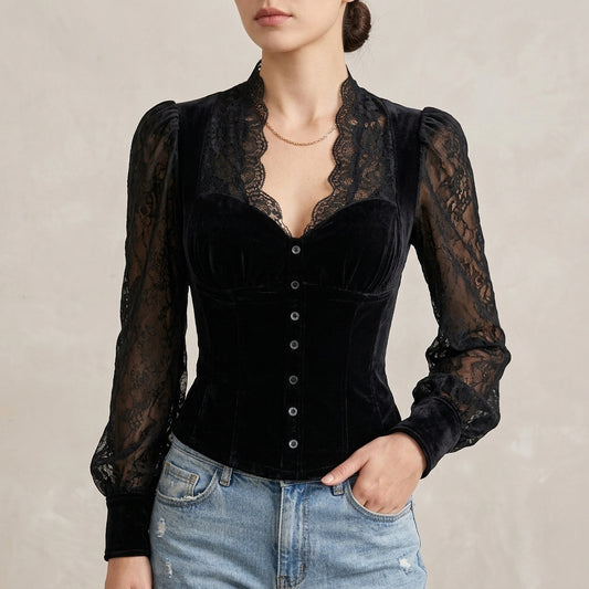 Lace-Trim V-Neck Blouse for Women – Elegant & Flattering Fit